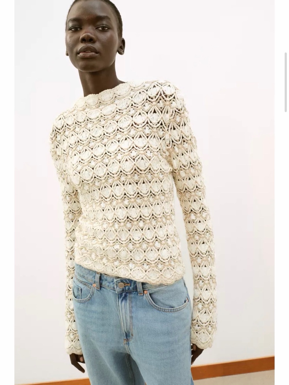Zara Cream Crocheted Long-Sleeve Sweater